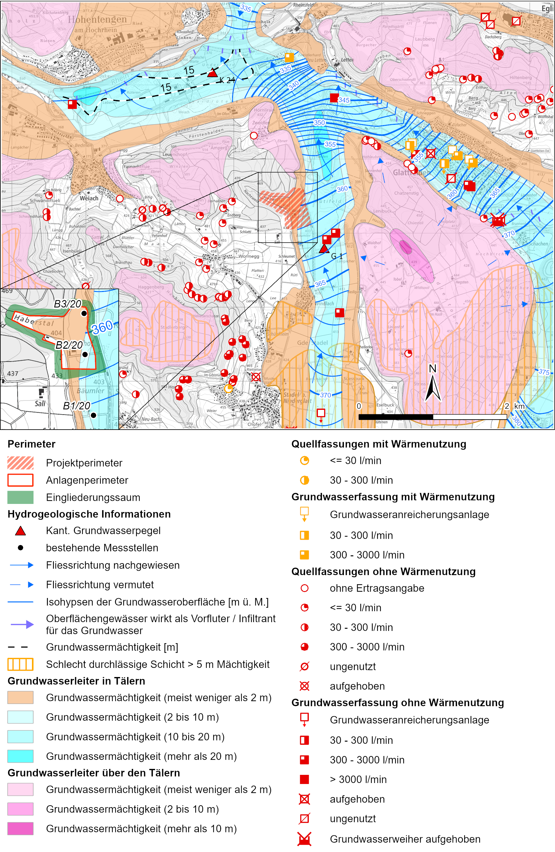 Grundwasserverhältnisse bei Mittelwasserstand gemäss Grundwasserkarte (GIS-ZH 2024; ergänzt mit bestehenden Bohrungen nahe des Projektperimeters)