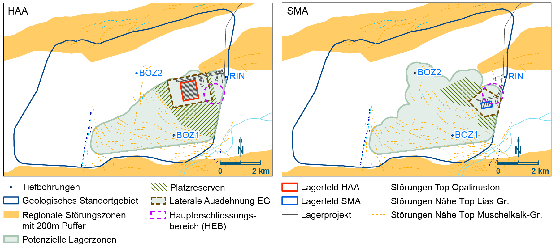 Bewertungsobjekte Jura Ost für HAA (links) und SMA (rechts)  Die potenzielle Lagerzone für SMA weist im nordwestlichen Bereich eine grössere Ausdehnung auf als diejenige für HAA, da die Anforderungen an die Tiefenlage zum Schutz vor Erosion für SMA weniger einschränkend sind.