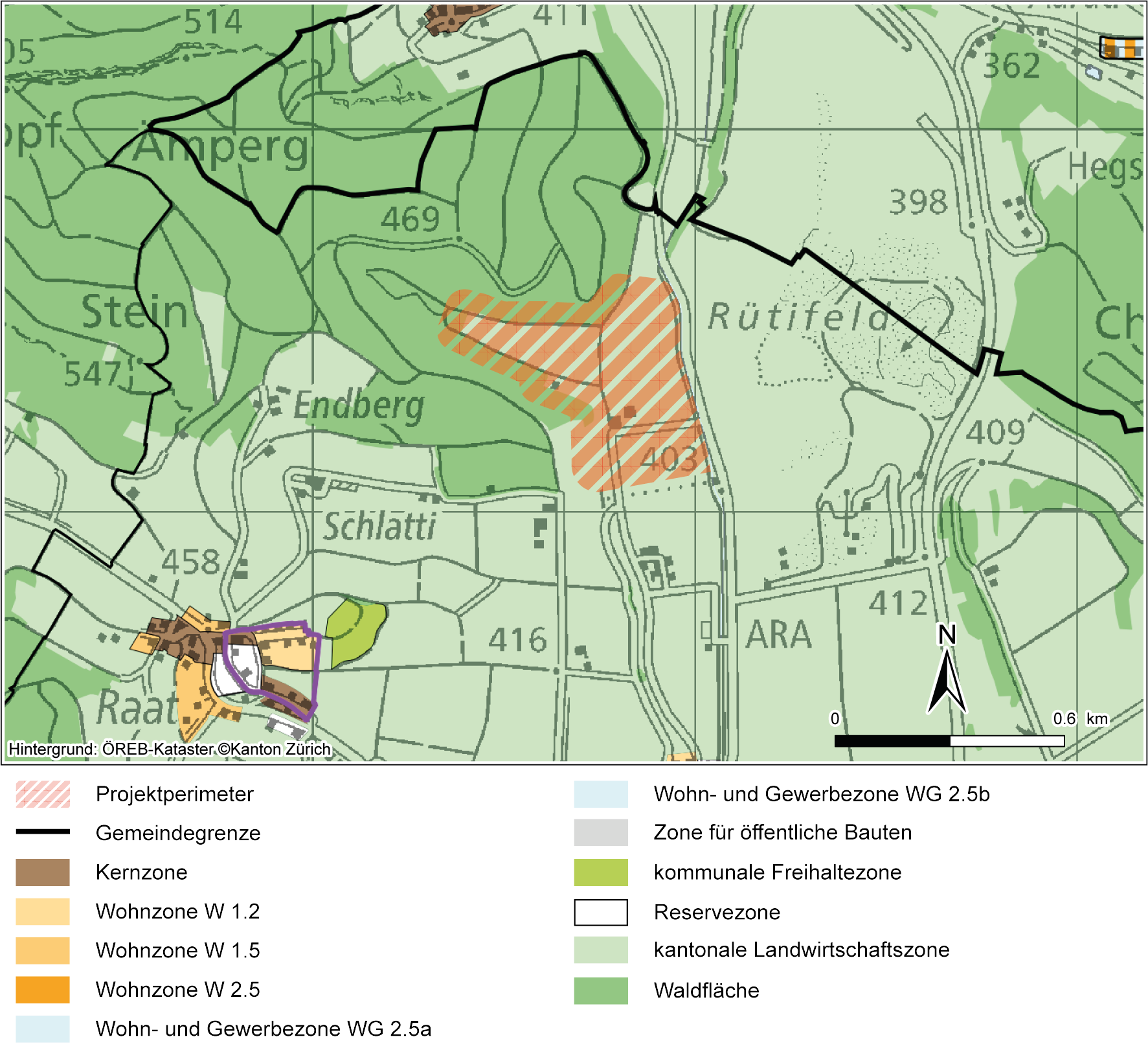 Auszug aus dem OEREB-Kataster des Kantons Zürich mit Darstellung der kommu¬nalen Nutzungsplanung (GIS-ZH 2024)