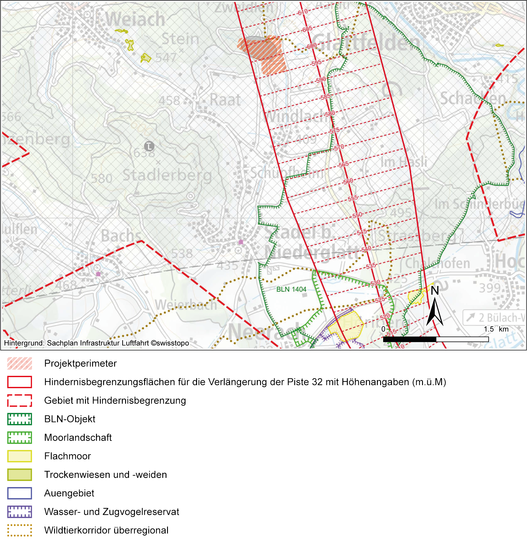 Ausschnitt der Karte Nr. 3a aus dem SIL-Objektblatt «ZH-1» des Landesflughafens in Zürich mit den Hindernisbegrenzungsflächen für die Verlängerung der Piste 32 (BAZL 2021)