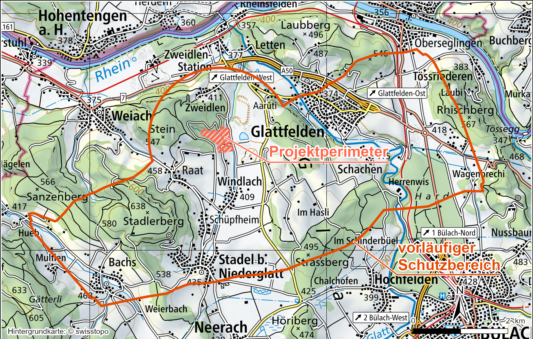 Projektperimeter am Standort Haberstal mit vorläufigem Schutzbereich im Unter¬grund Nagra (2025d)