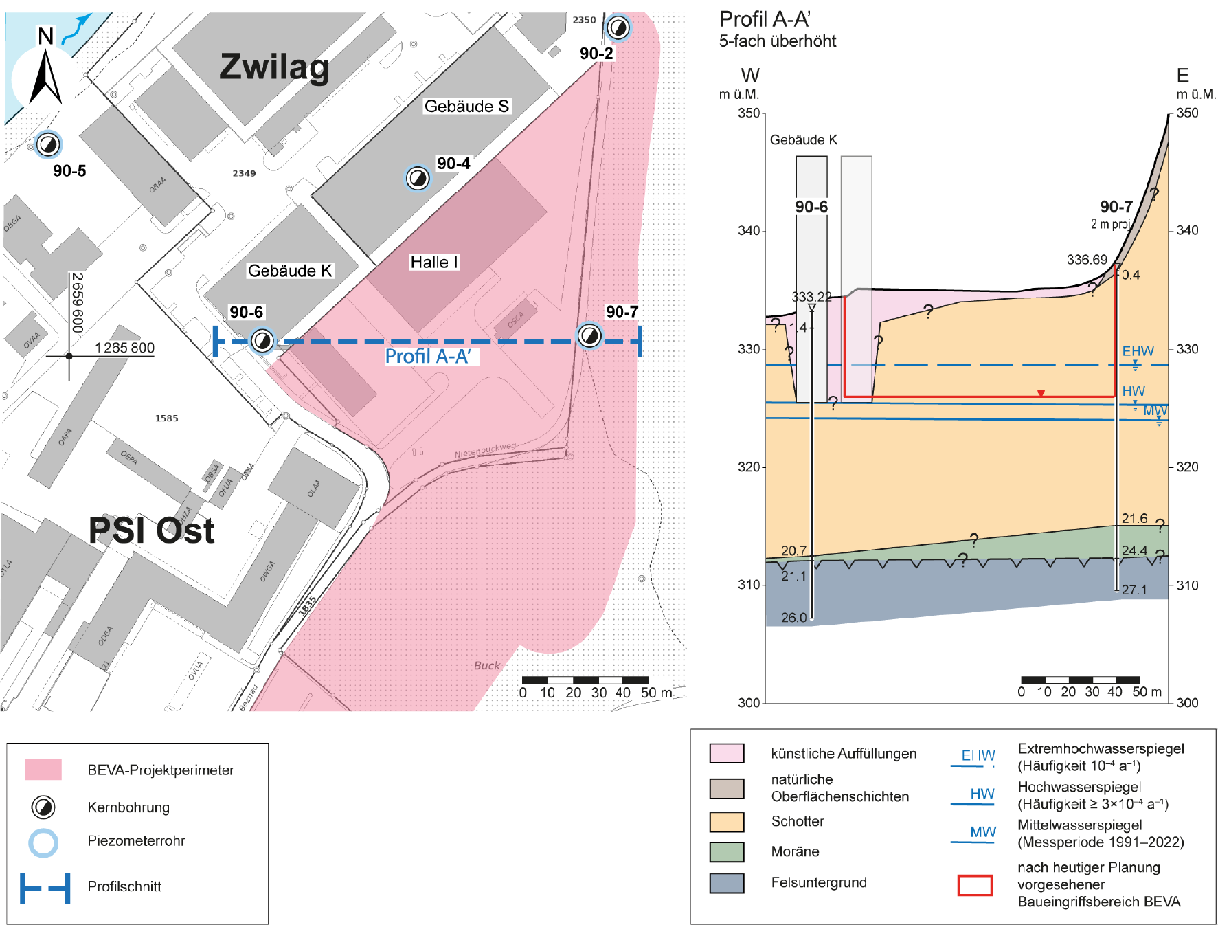 Karte mit den Baugrunduntersuchungen am Standort Zwilag und daraus abgeleitetes Modell (Profil A–A’) des Baugrunds für den Projektperimeter Nagra (2024g)