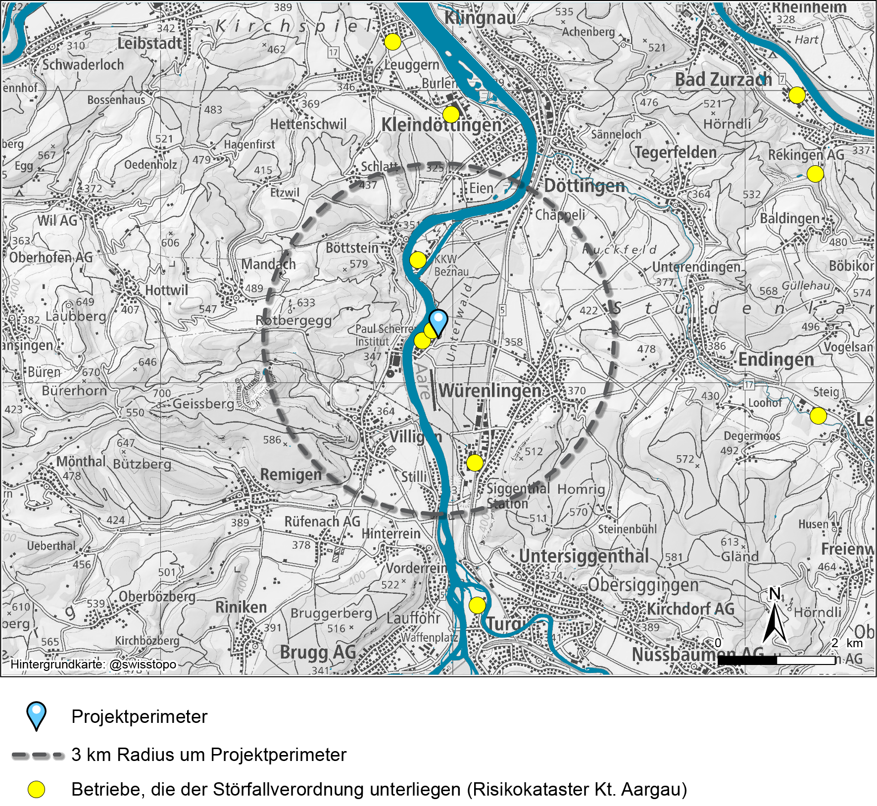 Standorte der StFV-Betriebe im Umkreis von 3 km um den Projektperimeter