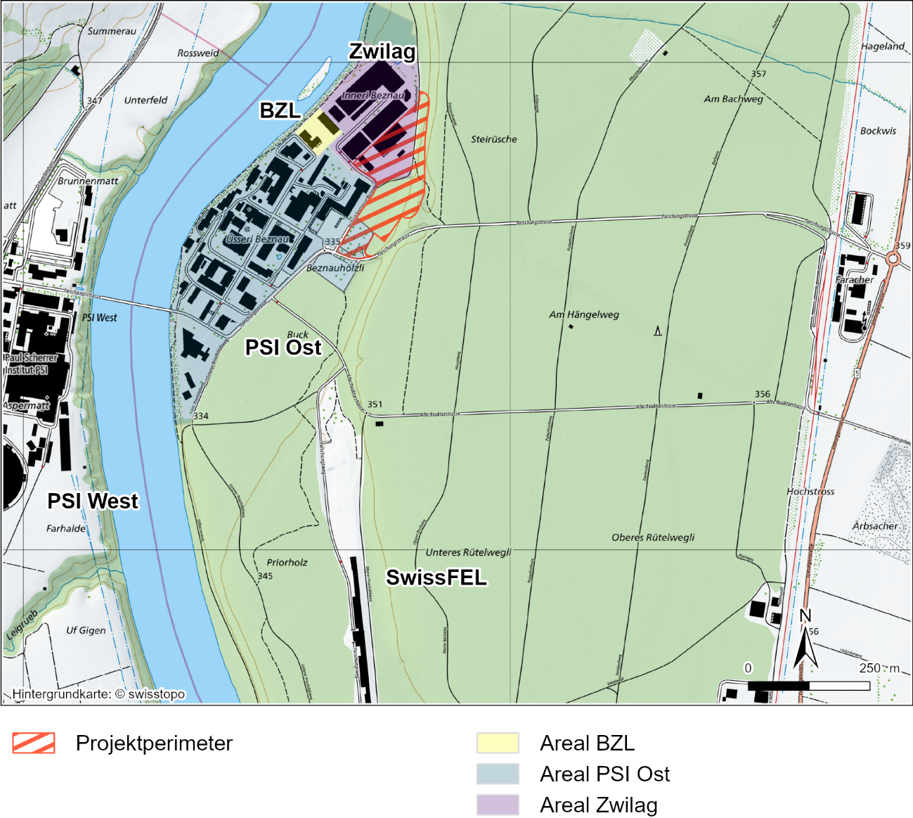 Die Industrieareale in der Umgebung des Projektperimeters: PSI Ost und West mit SwissFEL, das BZL sowie die Zwilag
