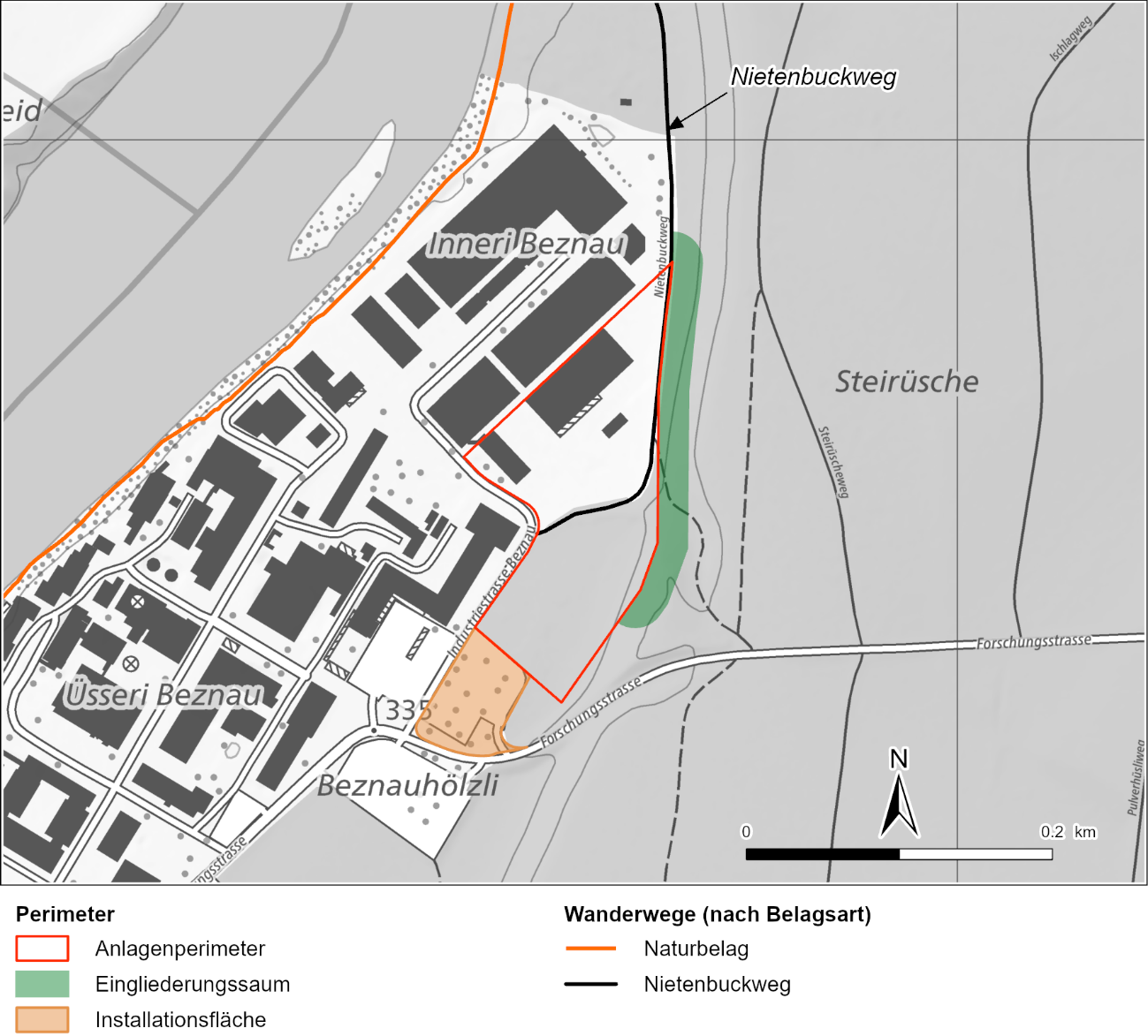 Der Projektperimeter am Standort Zwilag mit Anlagenperimeter, Installationsfläche und Eingliederungssaum (Nagra 2025d)