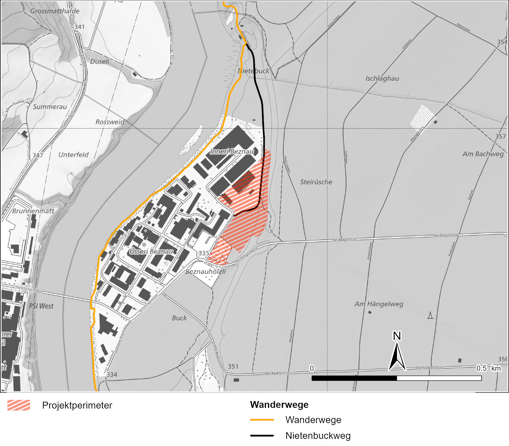 	Wander- und Fusswege im Umfeld des Projektperimeters  (AGIS 2024)