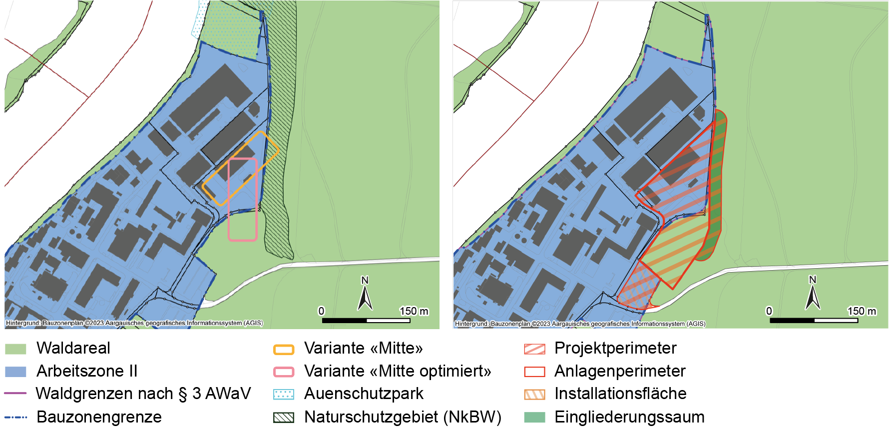 Schematische Darstellung Anordnung BEVA in Variante «Mitte optimiert» (links) und Ableitung des festzulegenden Projektperimeters (rechts)